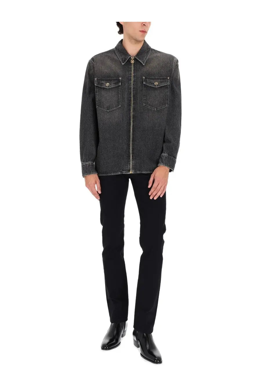 Versace men’s black denim jacket with front zipper and two chest pockets made of dark gray denim material