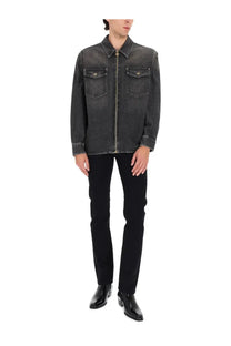 Versace men’s black denim jacket with front zipper and two chest pockets made of dark gray denim material