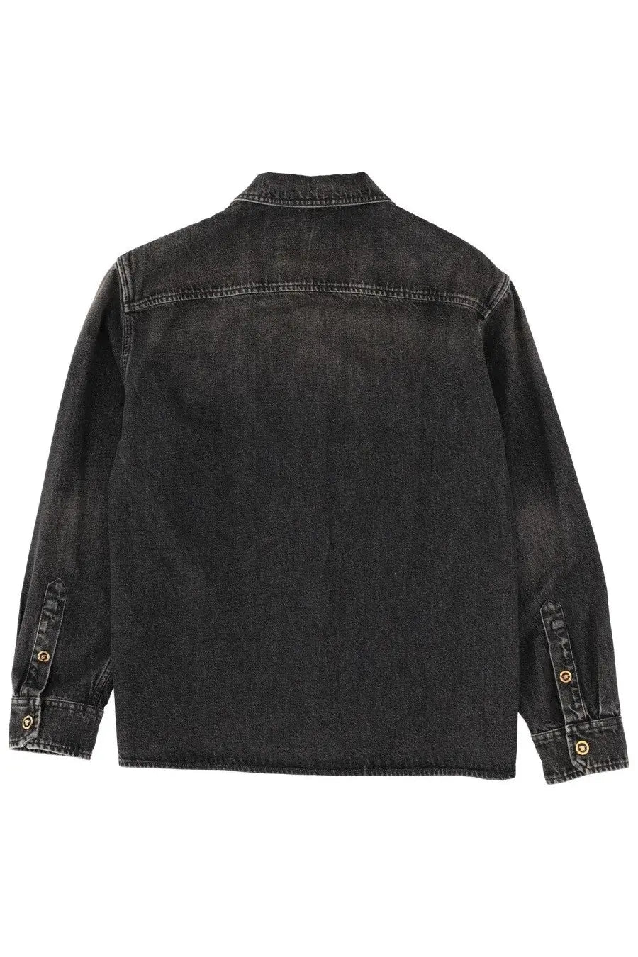 Versace men’s black denim jacket with gold-tone buttons and classic collar in a stylish design
