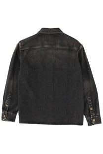 Versace men’s black denim jacket with gold-tone buttons and classic collar in a stylish design
