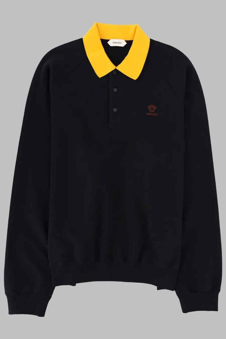 Versace men’s felpa con colletto polo shirt in black with bright yellow collar and embroidered logo on chest