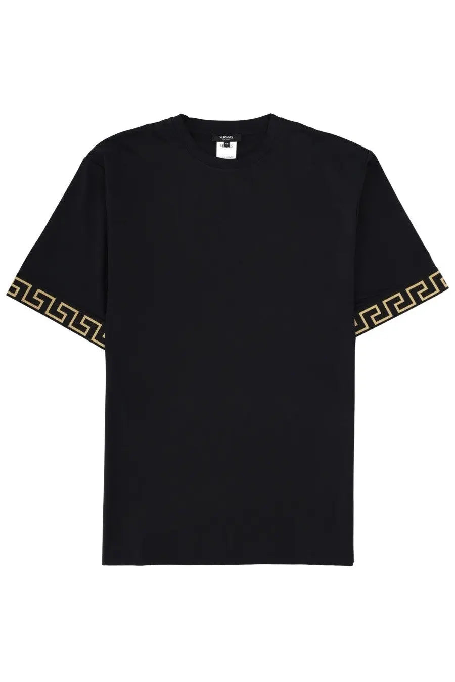 Versace men’s black t-shirt with gold Greek key pattern trim on sleeves featuring premium cotton material