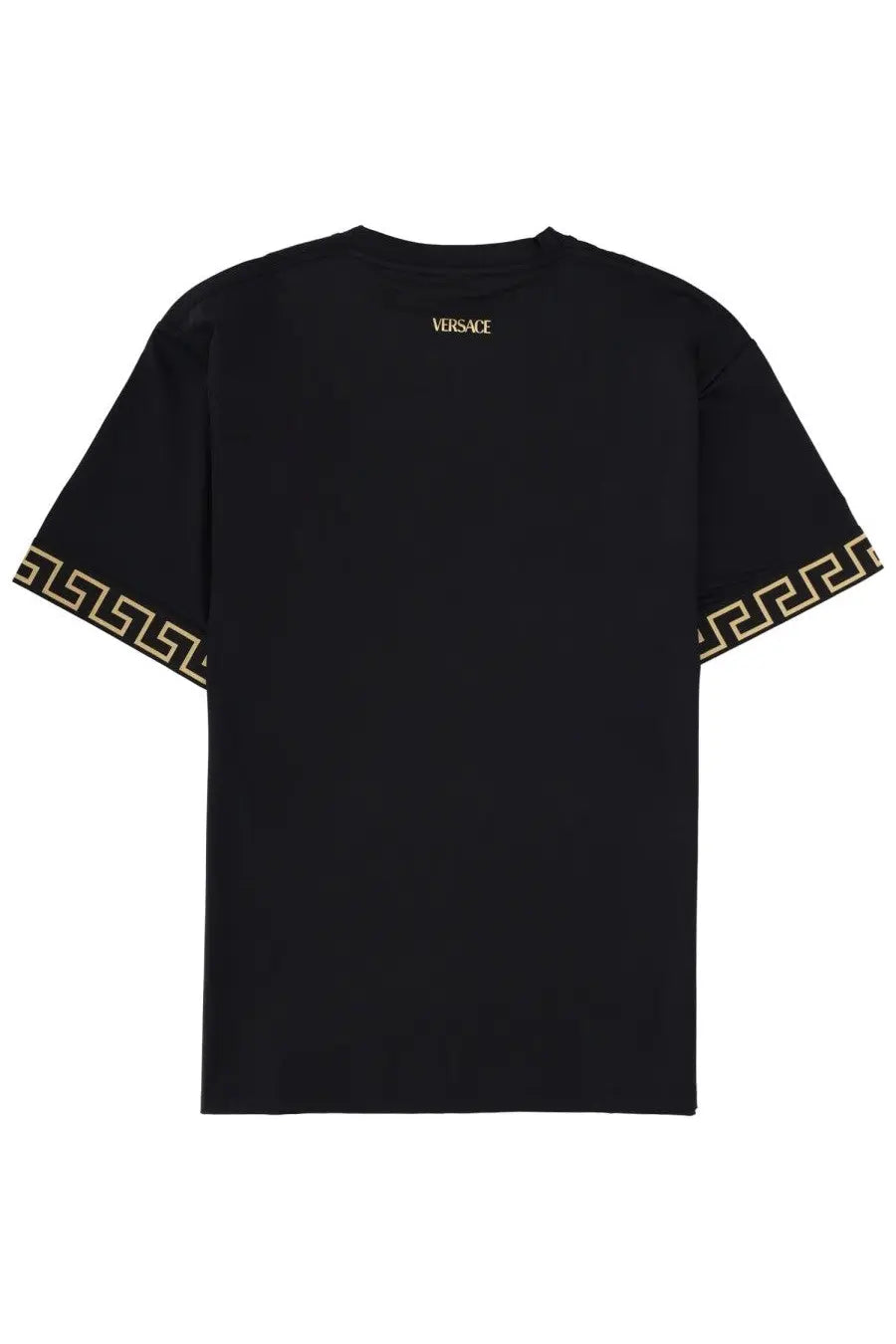 Versace men’s black t-shirt featuring gold Greek key pattern trim on sleeves and small Versace logo at the neckline