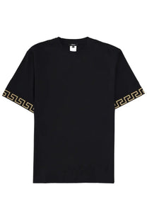 Versace men’s black t shirt with gold Greek key pattern trim on the sleeves featuring luxury design