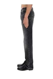 Back side of versace men’s black dark-wash denim jeans with a straight-leg cut and levi’s logo on the back pocket