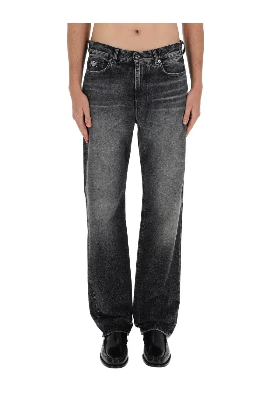 Versace men’s black dark-wash denim jeans with straight-leg cut and faded distressing front view