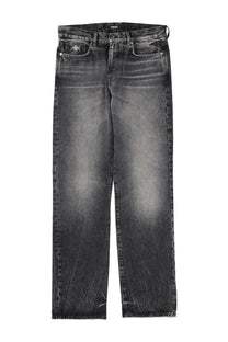Versace men’s black distressed denim jeans with faded wash and visible wear patterns front view