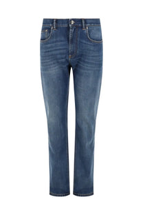 Versace men’s denim jeans in cotton blue with classic straight-leg cut and subtle fading for a worn-in look