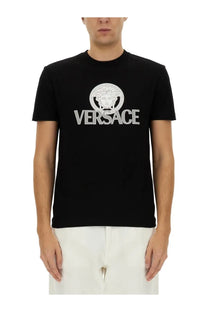 Versace men’s black jersey shirt with short sleeves and white embroidered medusa head logo on front