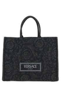 Versace men’s large shopper bag athena baroque black featuring a black floral pattern and central logo patch tote bag