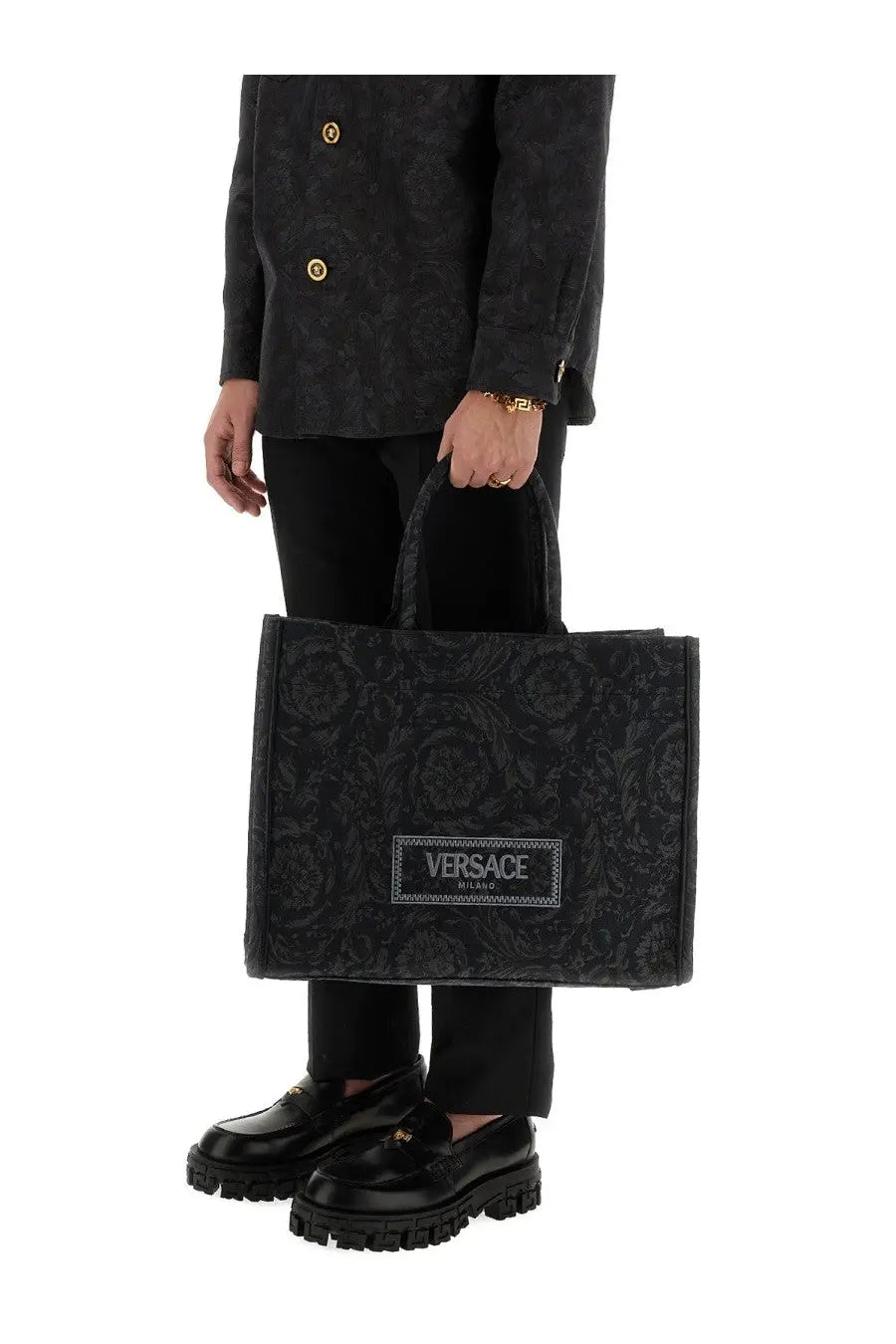Versace men’s large shopper bag Athena baroque black tote with embossed baroque pattern and gold-tone logo plaque