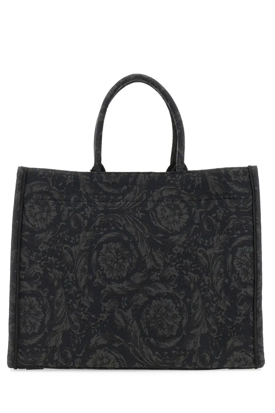 Versace men’s large shopper bag Athena Baroque black tote with intricate darker black floral embroidery and structured handles