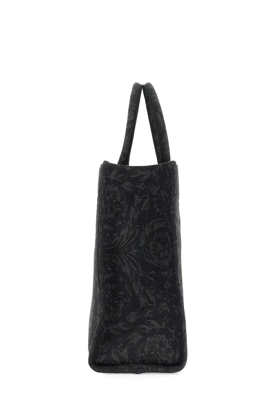 Versace men’s large shopper bag athena baroque black tote bag with subtle floral embroidery and padded handles