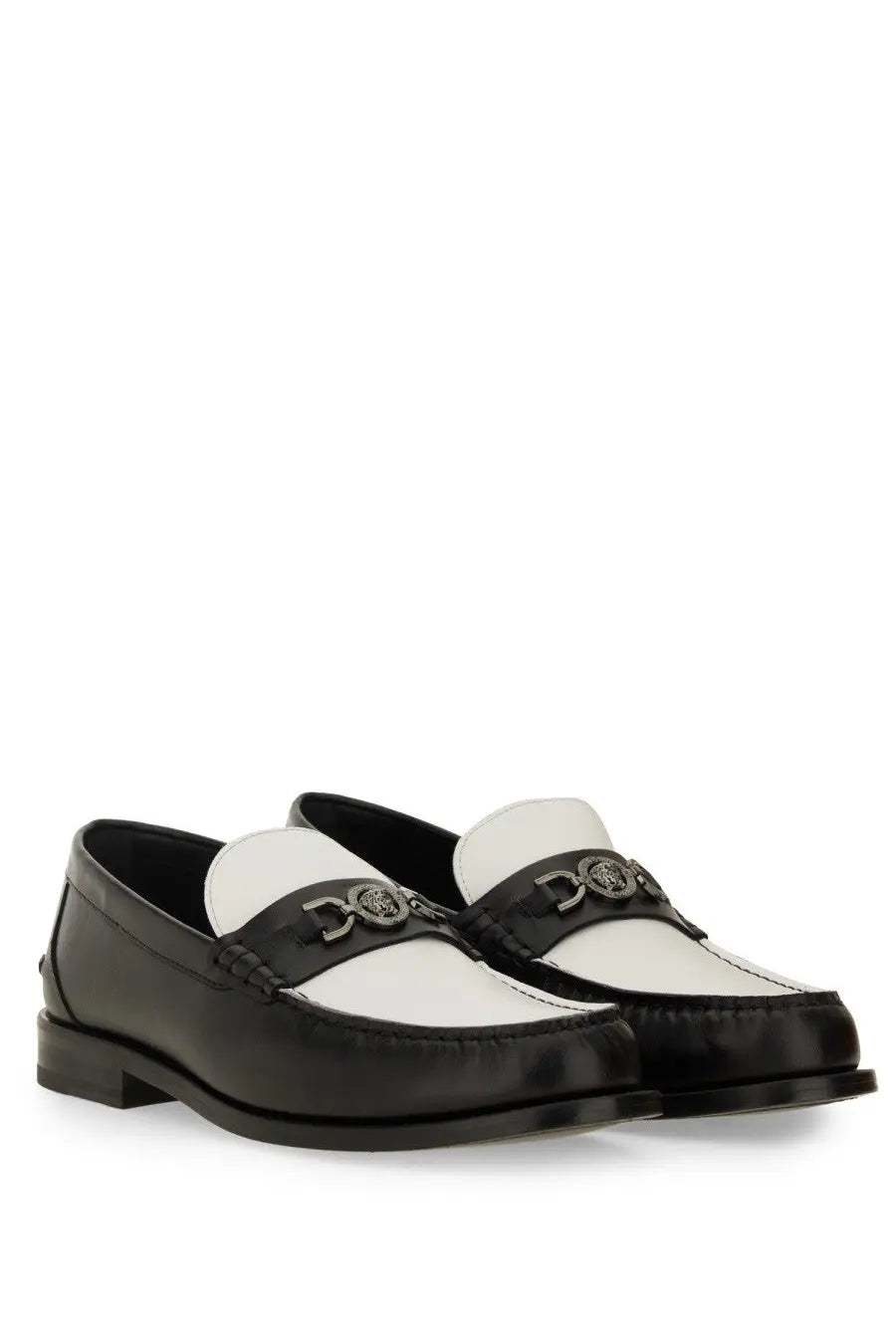 Versace men’s moccasin white leather loafers with black accents and metallic Medusa logo buckle
