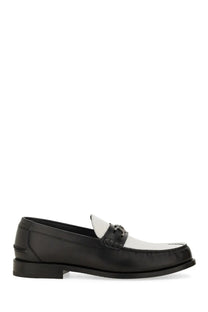 Versace men’s moccasin medusa white black and white leather loafer with metallic buckle detail