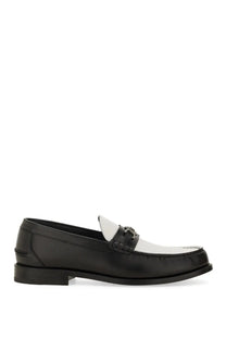 Versace men’s moccasin in black and white leather with metallic buckle detail and medusa emblem on top