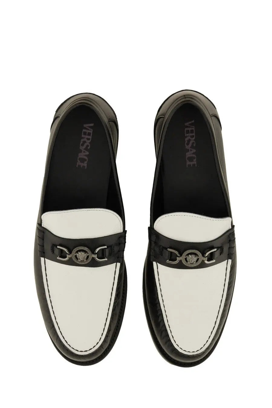 Versace men’s moccasin white leather loafers with black accents and silver medusa head buckle