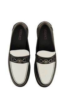 Versace men’s moccasin white leather loafers with black accents and silver medusa head buckle