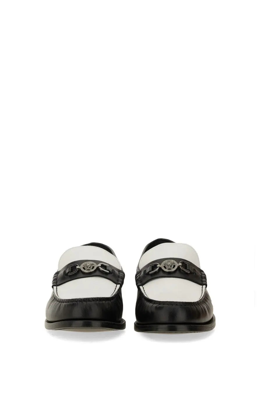 Versace men’s moccasin medusa white black and white leather loafers with silver Medusa head buckle