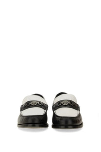 Versace men’s moccasin medusa white black and white leather loafers with silver Medusa head buckle