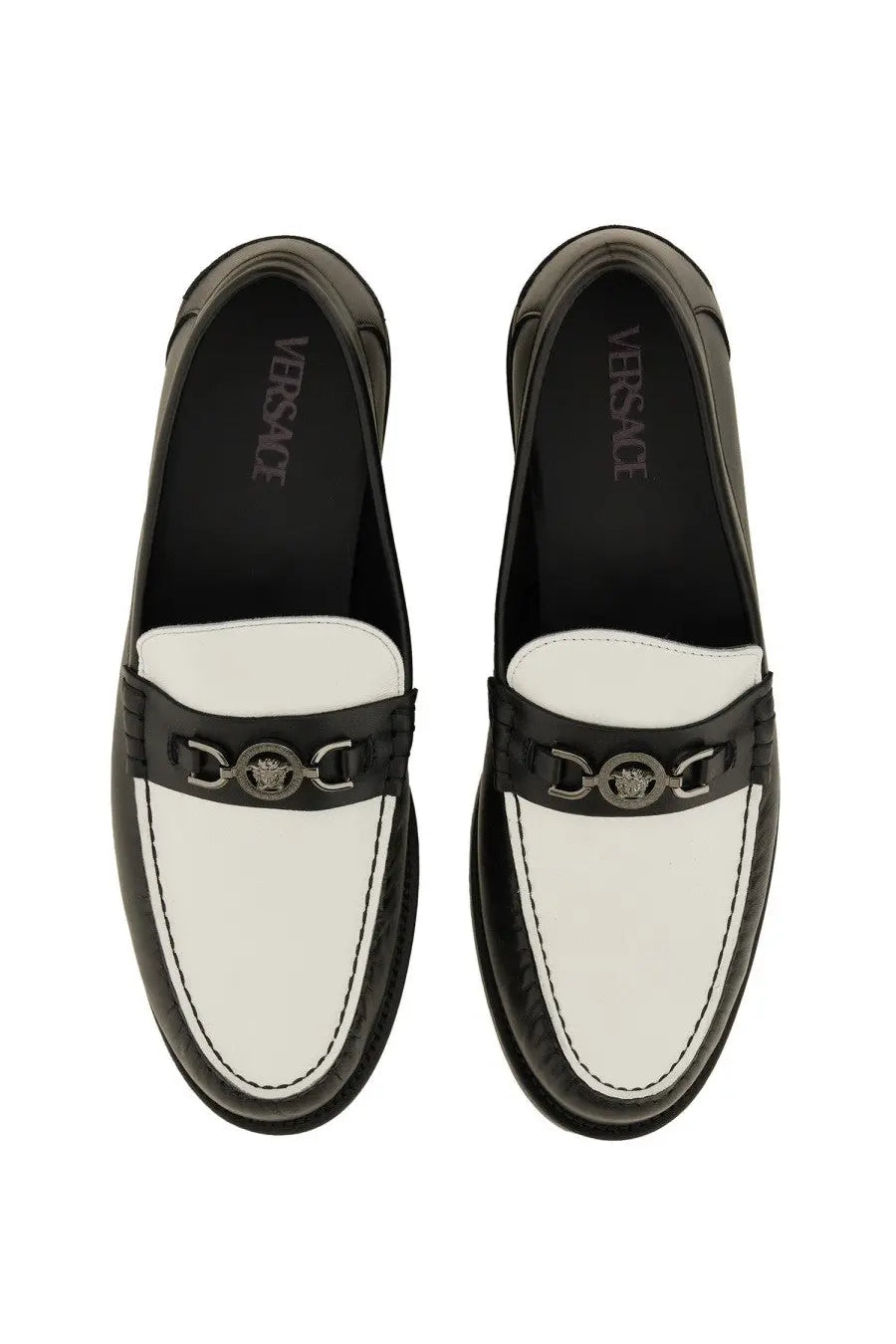 Versace men’s moccasin medusa white black and white leather loafers with silver medusa head buckle front view