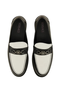 Versace men’s moccasin medusa white black and white leather loafers with silver medusa head buckle front view