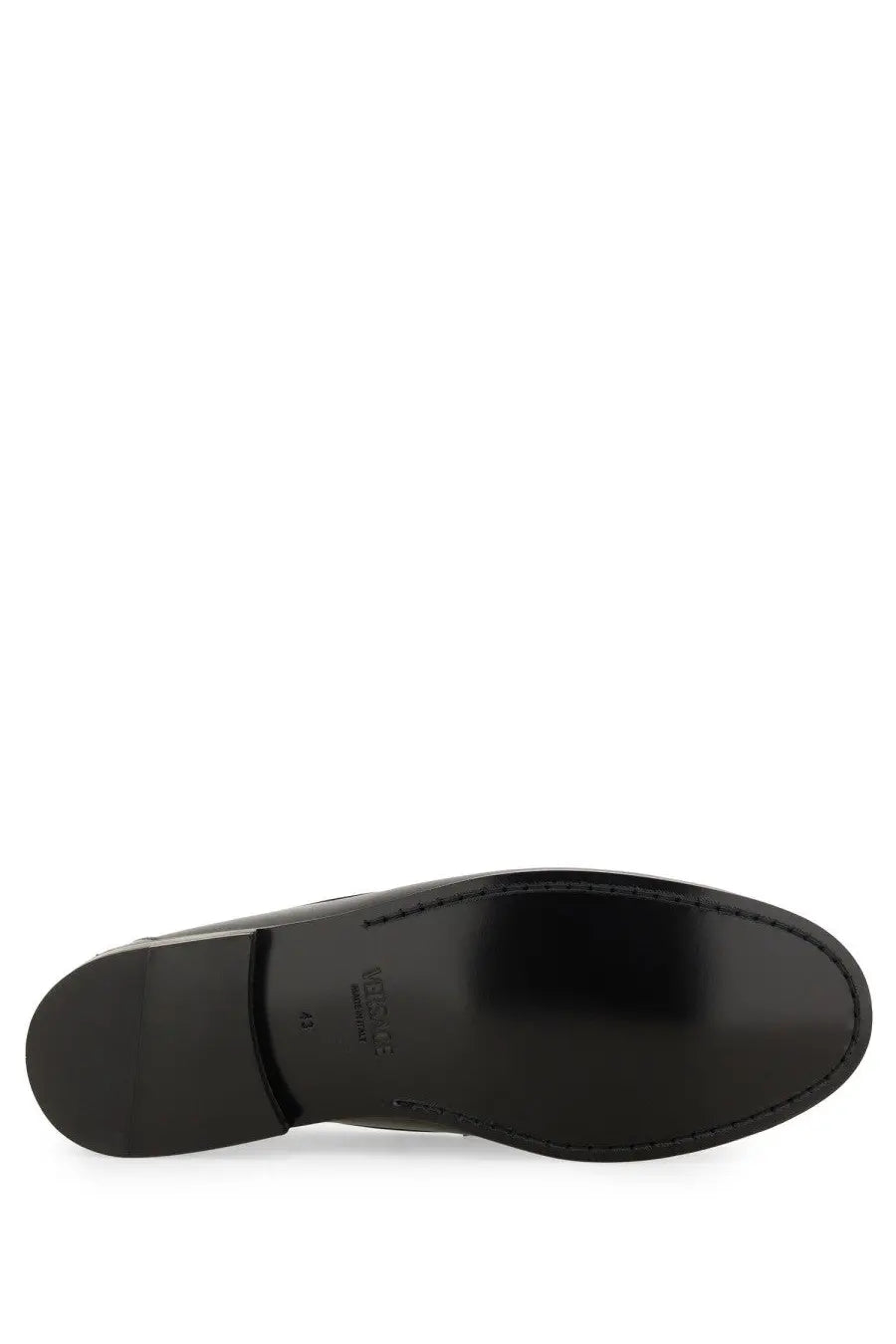 Versace men’s moccasin medusa white black leather oxford shoe with polished finish and visible stitching along sole