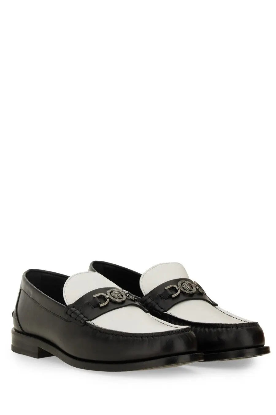 Versace men’s moccasin white two-tone black and white leather loafers with metallic Medusa logo buckle