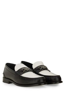 Versace men’s moccasin white two-tone black and white leather loafers with metallic Medusa logo buckle