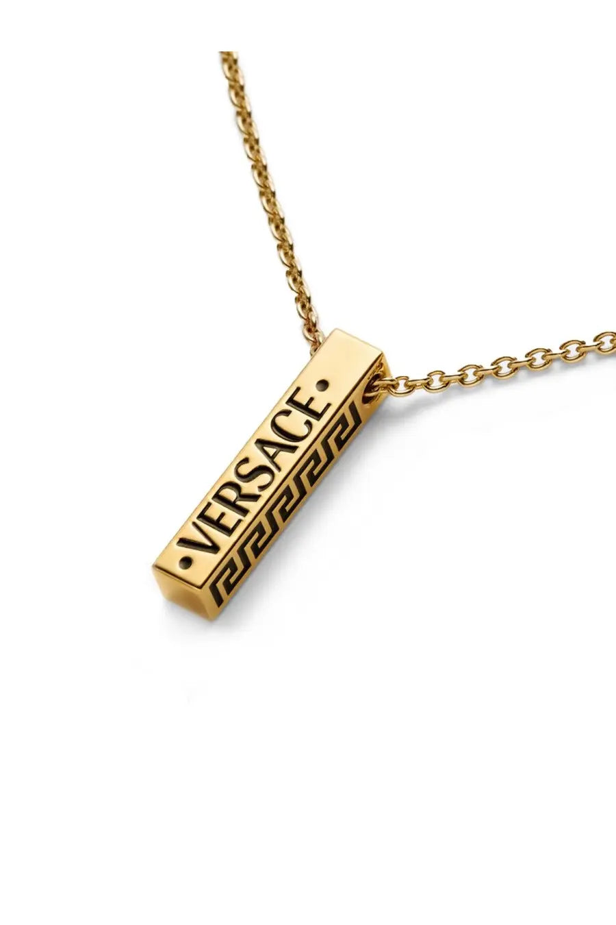 Versace men’s gold-tone rectangular pendant necklace with embossed branding and greek key pattern on matching chain