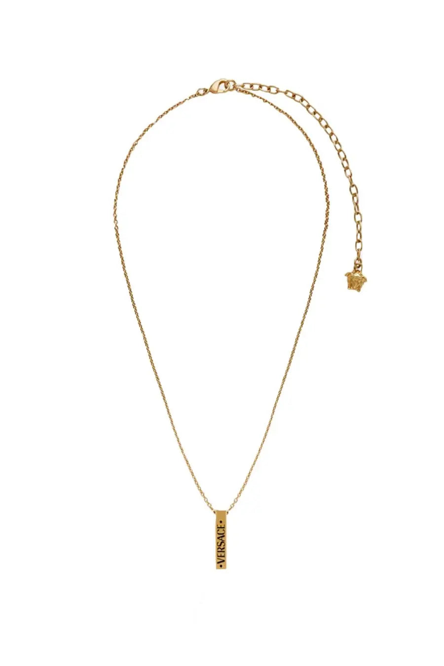 Versace men’s gold-tone necklace with sleek vertical bar pendant engraved with brand name and medusa head charm at clasp