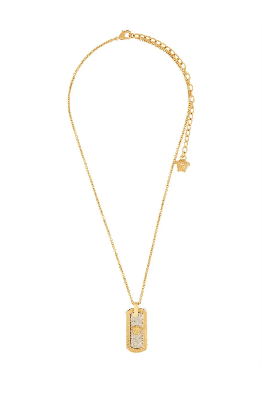 Versace men’s necklace gold gold-toned dog tag pendant with two-tone silver and gold accents and Medusa head motif