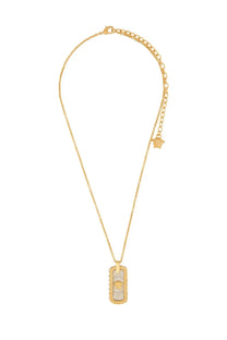 Versace men’s necklace gold gold-toned dog tag pendant with two-tone silver and gold accents and Medusa head motif