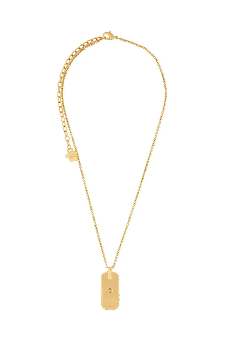 Versace men’s gold necklace with a gold-toned rectangular dog tag pendant and matching chain with logo charm