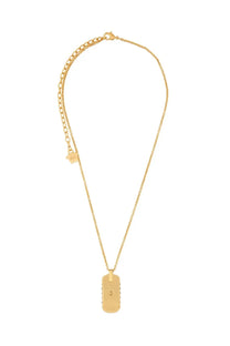 Versace men’s gold necklace with a gold-toned rectangular dog tag pendant and matching chain with logo charm