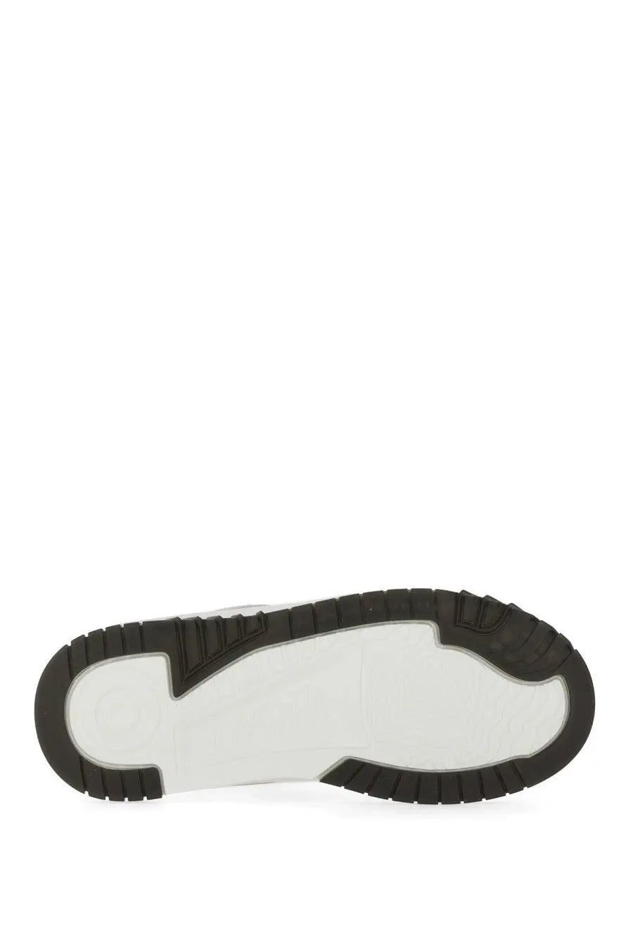 White and black rubber sole with textured tread pattern of versace men’s odyssey sneaker black