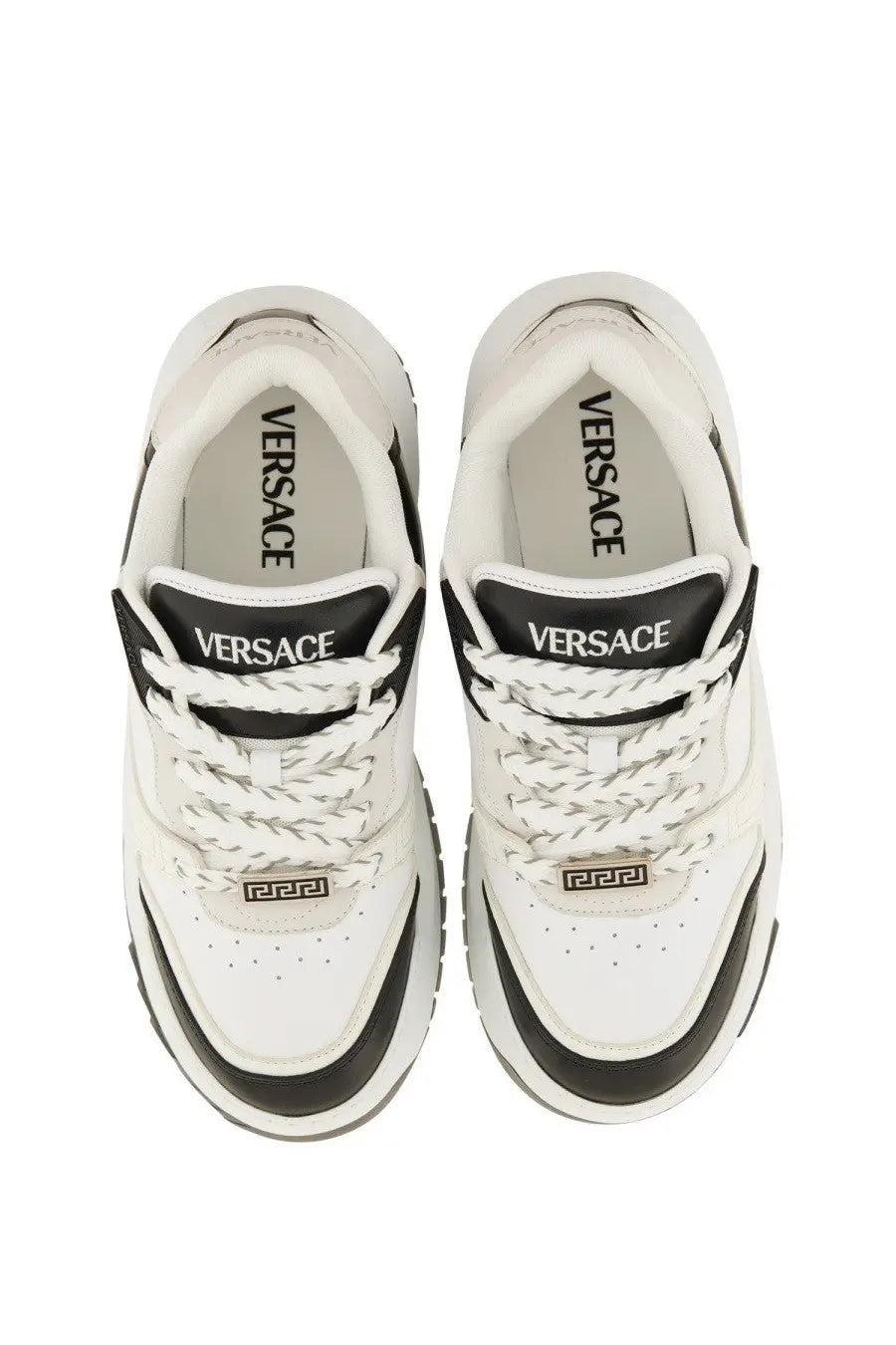 Versace men’s Odyssey sneaker black with white and black leather upper chunky sole and gold-tone Greek key detailing