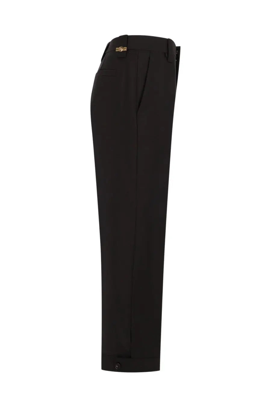 Black tailored trousers with sleek straight-leg cut and gold-tone branding at waistband in Versace men’s lana mohair brown