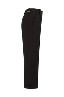 Black tailored trousers with sleek straight-leg cut and gold-tone branding at waistband in Versace men’s lana mohair brown