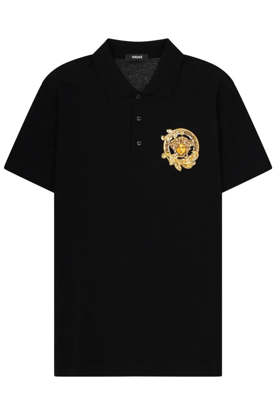 Versace men’s black polo shirt featuring a gold medusa head emblem on the chest in cotton material