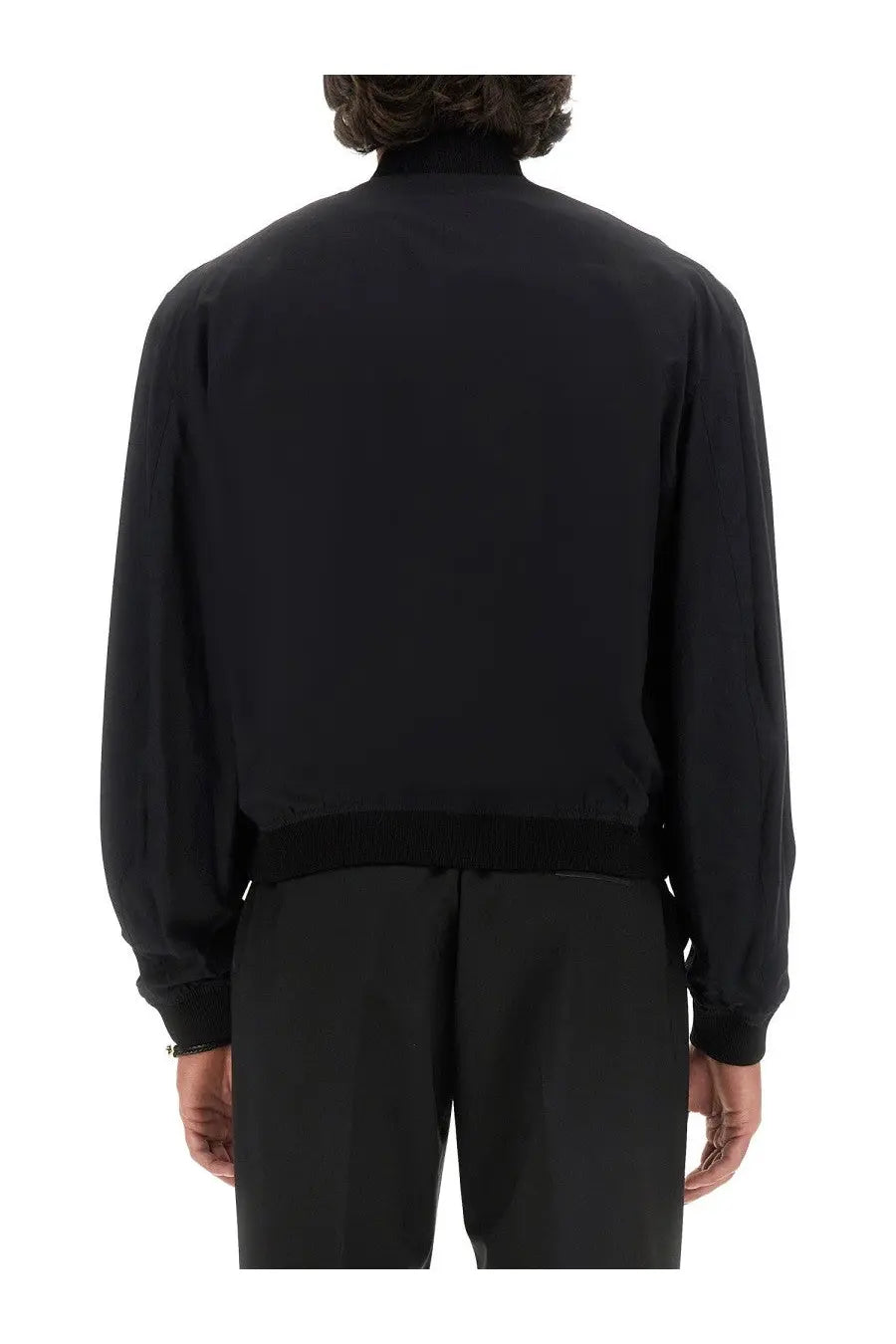 Black bomber jacket with ribbed cuffs and waistband from Versace men’s reversible baroque sea jacket multicolor