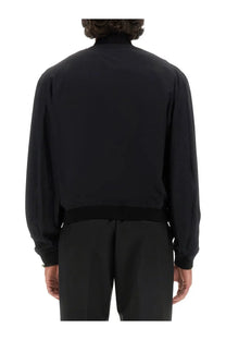 Black bomber jacket with ribbed cuffs and waistband from Versace men’s reversible baroque sea jacket multicolor