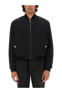 Black versace men’s bomber jacket with subtle embroidered logo silver zipper reversible baroque sea design multicolor interior