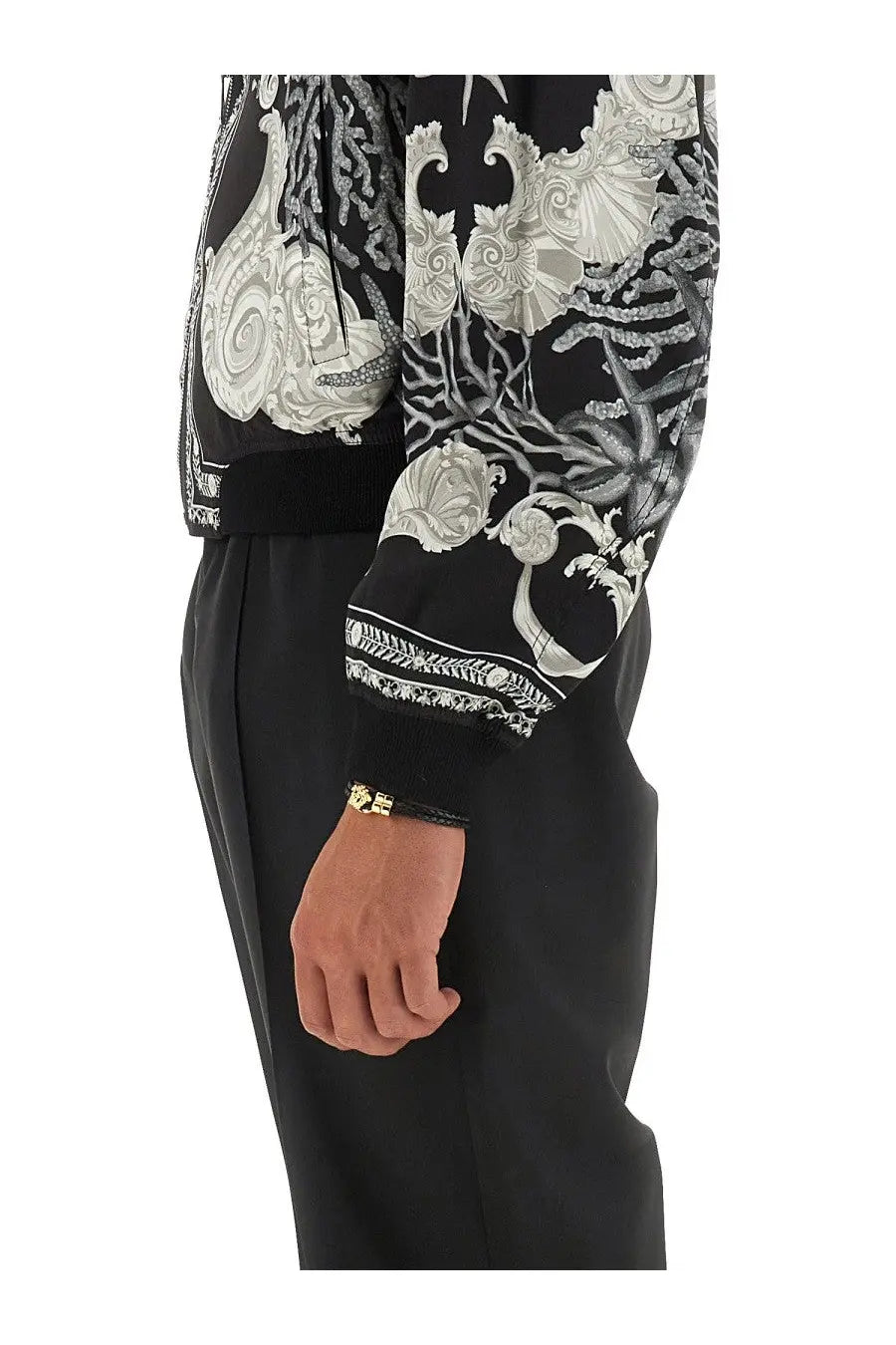 Versace men’s reversible baroque sea jacket in black with intricate white and silver baroque embroidery on sleeves