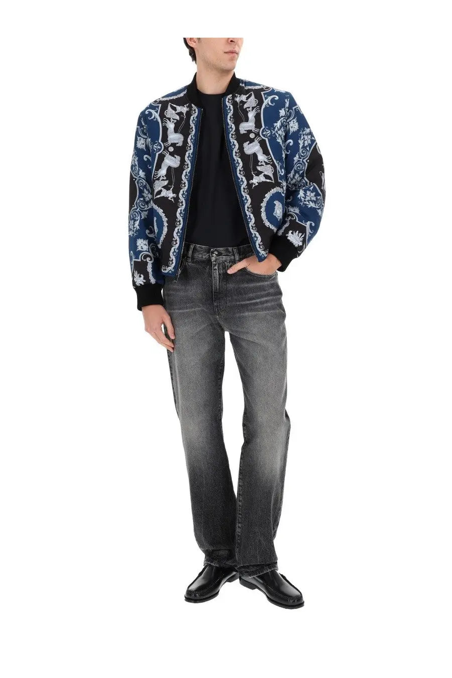 Versace men’s reversible bomber jacket in blue and white pattern with black accents for stylish outerwear