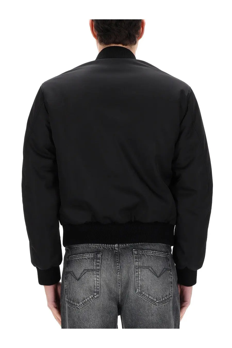 Versace men’s reversible bomber jacket in black with ribbed cuffs and waistband, front view in nylon material