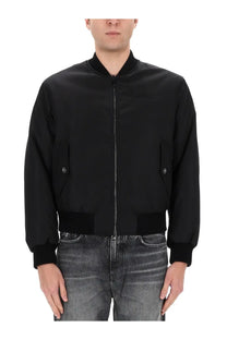 Versace men’s reversible bomber jacket black with ribbed cuffs waistband front zipper and silver button side pockets
