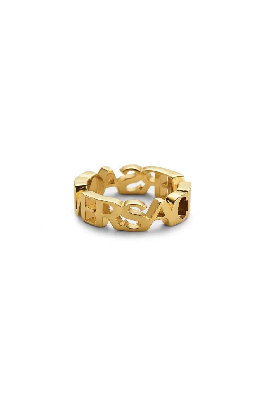 Versace men’s gold-tone metal ring with bold raised versace logo in a continuous band design