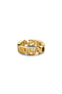 Versace men’s gold-tone metal ring with bold raised versace logo in a continuous band design