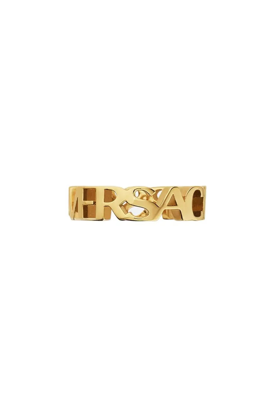 Versace men’s gold-tone metal ring featuring bold stylized versace logo in modern blocky font
